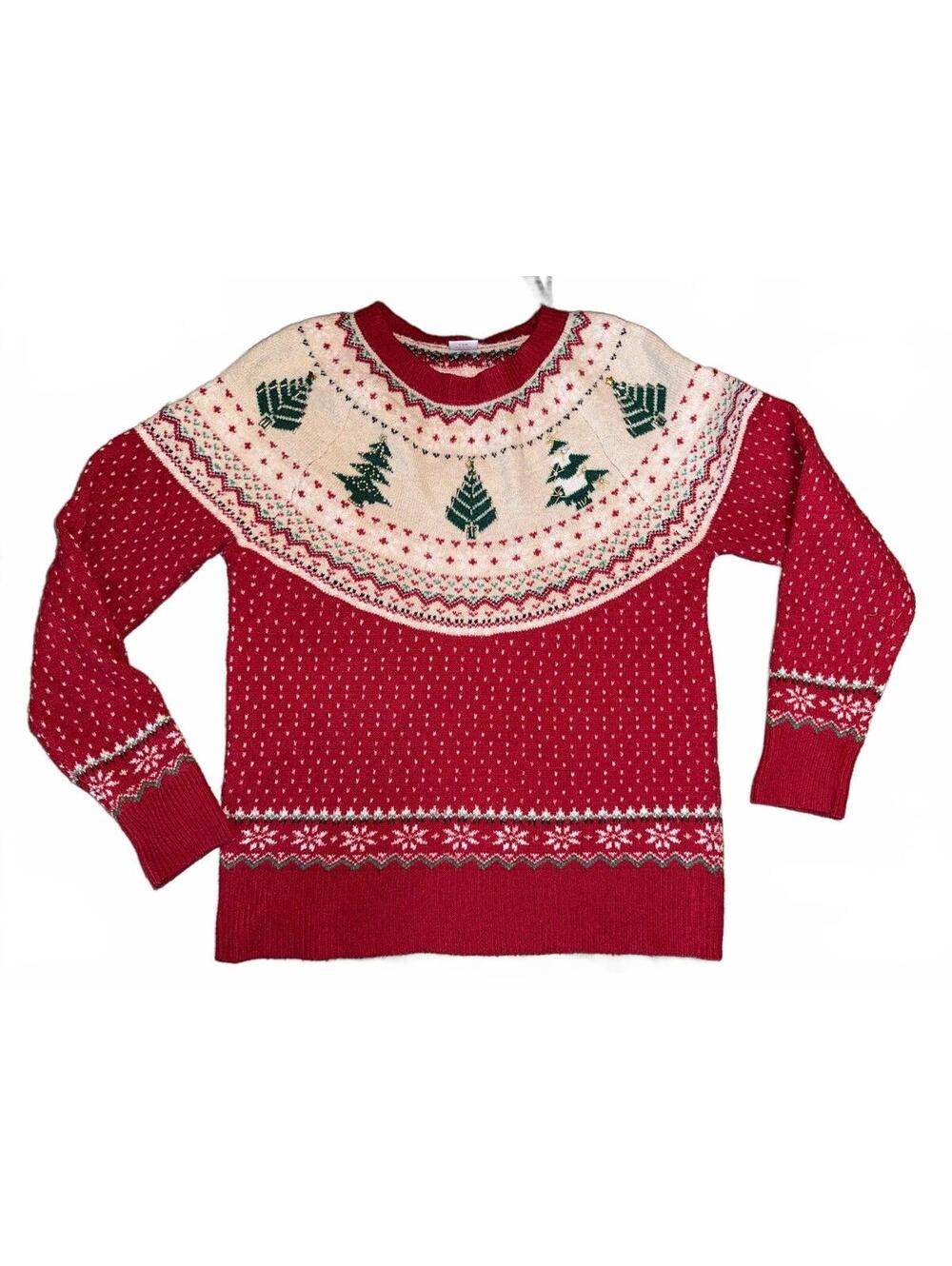 Women's Christmas Tree Fair Isle Crewneck Sweater holiday time sz M preppy cabin